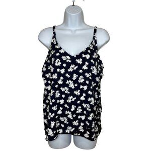 Lands' End Navy White Floral Tankini Swim Top Layered Front Adj Strap Sz M 10-12